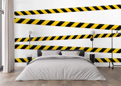 Crossed caution tape set. Yellow and black warning stripes. Repeating construction, hazard, danger sellotapes. Restriction and prohibition zones adhesive tapes. Police line. Wall mural