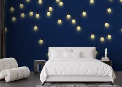 Glowing bulb garland, decorative light garland on dark background, footer and banner lamps, vector illustration Wall mural