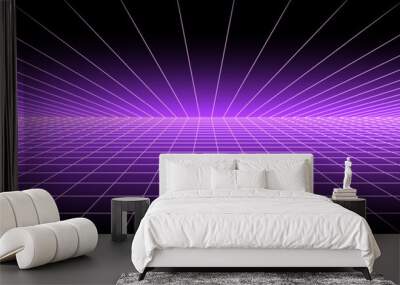 Glowing neon purple wireframe background. Shining checkered grid planes in perspective. Bright retro futuristic horizon wallpaper. Arcade game sci fi matrix surface. Vector backdrop for poster, banner Wall mural