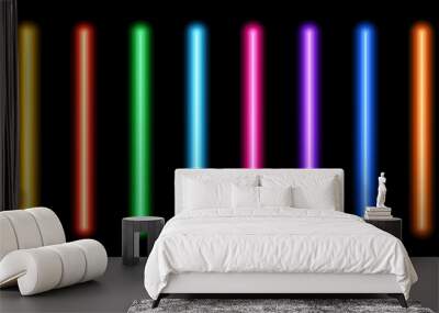 Glowing neon tube lamp set. Led light line beam collection. Bright luminous fluorescent bar stick lines. Shining colorful strip element pack to divide, separate, decorate. Vector illustration bundle Wall mural