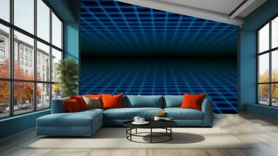 Glowing neon wireframe room background. Blue grid room floor and ceiling in perspective. Bright retro futuristic wallpaper. Abstract checkered plane landscape. Game horizon surface. Vector backdrop Wall mural