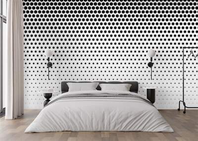 Hexagon dot halftone gradient texture. Abstract black grunge hex gradation background. Geometric retro tech wallpaper. Fading hexagonal pattern backdrop. Vector vanishing honeycomb grunge overlay Wall mural