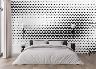 Hexagon halftone gradient texture. Abstract black and white spotted background. Geometric retro tech wallpaper. Fading wavy hexagonal pattern backdrop. Vector vanishing honeycomb grunge overlay Wall mural