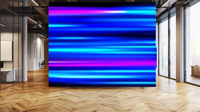 Neon glowing horizontal stripes background. Bright blue speed light effect. Magic trail flare lines texture. Luminous laser beams and rays wallpaper design. Sparkling neon streaks backdrop. Vector Wall mural