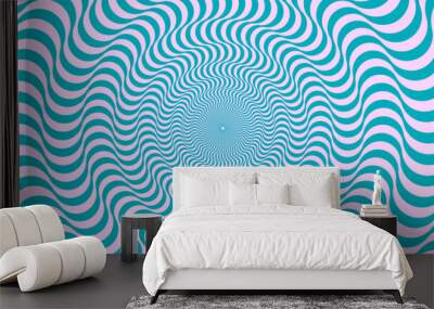 Optical illusion background. Blue and pink abstract distorted wavy lines surface. Radial waves poster design. Trippy sunburst illusion wallpaper. Vector spinning hypnotic illustration Wall mural