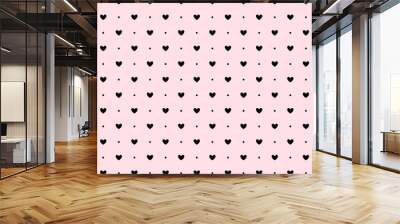 Pink black hearts and dots seamless pattern. Valentines polka dot repeating background. Heart-shaped decorative texture for textile, fabric, cover, poster, banner, print, invitation. Vector wallpaper Wall mural