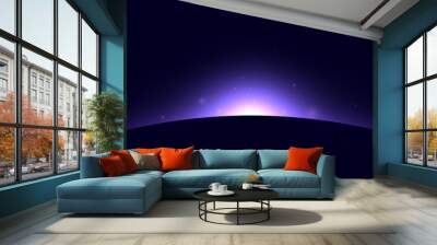 Planet eclipse concept. Purple solar light glare effect. Abstract glowing sunrise in dark space. Earth horizon halo illustration. Vector design for poster, banner, cover, brochure, booklet Wall mural