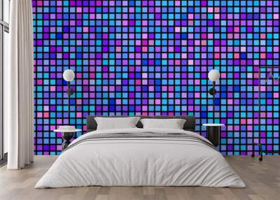 Purple disco party seamless pattern. Square sequin mosaic texture background. Abstract shining colorful halftone wallpaper. Pop up comic glitter sparkles backdrop. Retro vector design template Wall mural