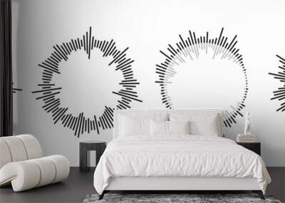 Radial sound wave pattern set. Circular audio, music or voice icon collection. Round wavy equalizer spectrum symbol pack. Black circle sunburst bundle. Vector soundwave element illustration Wall mural