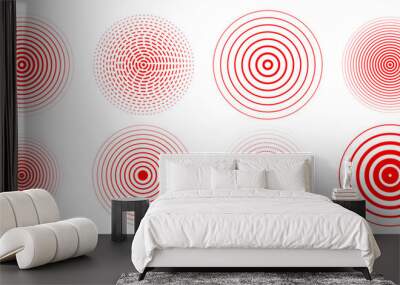 Red concentric circle set. Radial sonar or sound wave ring collection. Halftone, dashed and dotted line epicenter, target, radar icon symbol pack. Ripple concentric signal vibration elements. Vector Wall mural