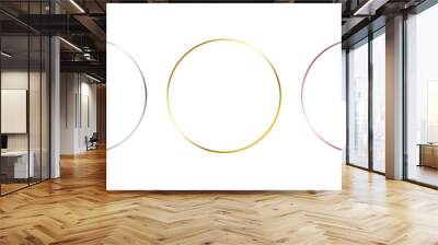 Silver, golden and rose gold thin round frames. Art deco shiny circle borders set. Thin line glowing grey, yellow and pink boarder element collection. Vector bundle for Christmas, birthday decor Wall mural