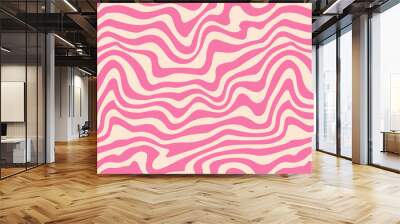 Wavy pink line seamless pattern. Trippy groovy liquid wave background. Repeating retro psychedelic texture in 60s, 70s style. Curve flowing stripe wallpaper for textile, print, wrapping paper. Vector Wall mural