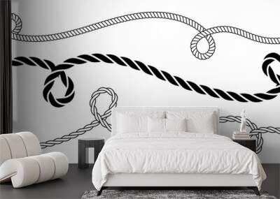 Wavy rope curve set. Repeating hemp cord stripes collection. Wavy loop tie braid bundle. Seamless black and white plait pattern. Vector marine twine design elements for banner, poster, frame, border Wall mural