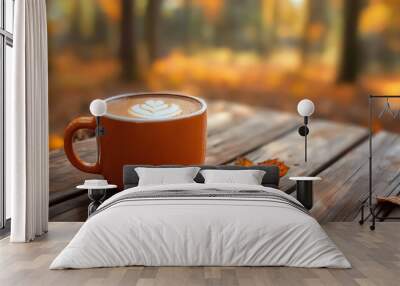 A close up of cup of coffee on a wooden table with a blurry view of the fall forest  Wall mural