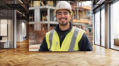 A happy construction worker stands in front of a construction site, looking directly at the camera with a big smile Wall mural