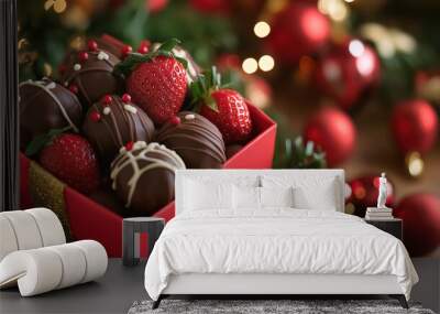 A present box filled with chocolate-covered strawberries Wall mural