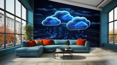 Blue cloud icons interconnected by glowing lines on a dark background, representing the concept of digital connectivity Wall mural