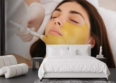 Сlose-up female face with golden face mask. The cosmetologist applies a facial gold mask to the woman's face. Cosmetology and facial skin care in beauty salon. Wall mural