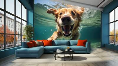 a smiling dog jump into a water, underwater photography Wall mural