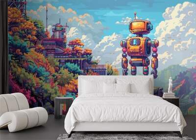 A whimsical pixel art scene featuring a robot in a retro-futuristic landscape, combining nostalgia with futuristic elements Wall mural