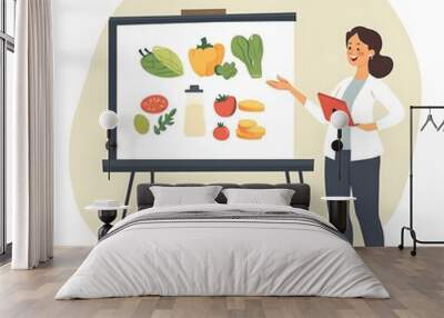 A woman presenting healthy food options on a board, promoting nutrition. Wall mural