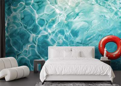 Abstract blue ripped swimming pool water background texture with red swimming pool ring float, top view Wall mural