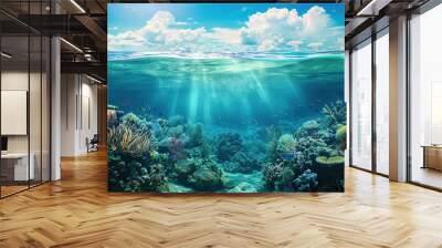 An image of a vibrant coral reef transitioning into a barren underwater landscape, highlighting the need for ocean preservation Wall mural