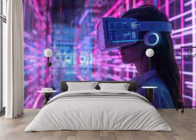 Augmented reality. Woman in futuristic neon metaverse game, girl exploring AR cyberspace Wall mural