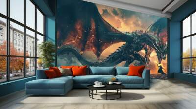 Brave man fighting magical dragon with huge wings, fantasy battle illustration. --ar 16:9 Job ID: 0f4e03c3-83b0-4852-83db-cfb5b1a8a2a4 Wall mural