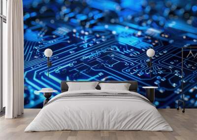 Dynamic blue circuit board closeup: Visualizing cyber security and data flow Wall mural