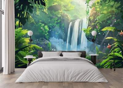 Fantasy green forest with beautiful waterfall and tropical plants. Cartoon or anime watercolor painting illustration style Wall mural