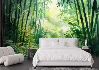 Fantasy tropical rainforest with bamboo and plants. Cartoon or anime watercolor painting illustration style Wall mural