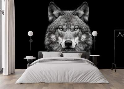 Front view of Wolf isolated on black background. Black and white portrait of wolf Wall mural