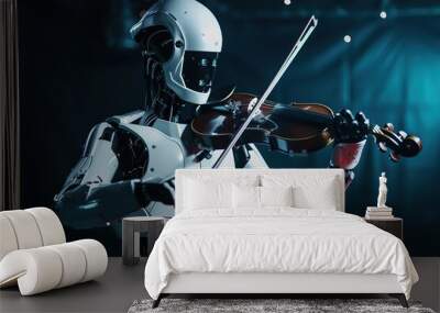 Futuristic robot playing violin on stage, replacing human job with ai musician Wall mural