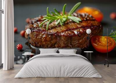 Grilled Steak with Rosemary and Tomatoes - Food Photography Wall mural