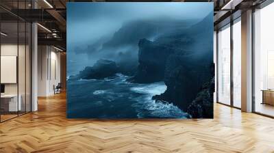 Heavy blue fog mist over seashore cliffs, seascape, dark, moody, melancholy, background, Celtic, Ireland Wall mural