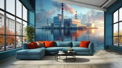 Industrial Power Plant on the Water at Sunset Wall mural