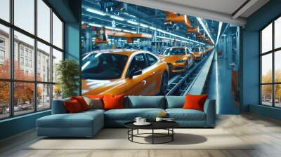 Modern car manufacturing factory, automobile assembly line, automotive industry, robotics in vehicle production, auto parts and machinery, engineering and technology in plant Wall mural