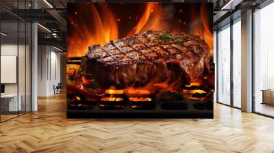 steak cooking on fire with vegetables, bbq grill with flames, cooking juicy delicious beef meat Wall mural