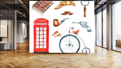 Watercolor retro detective accessories Wall mural