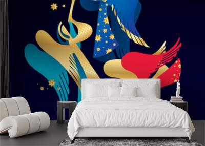 christmas figured angels with golden stars on a dark blue backgr Wall mural