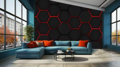 Dark metal hexagon with red beam background, 3d render illustration. Wall mural