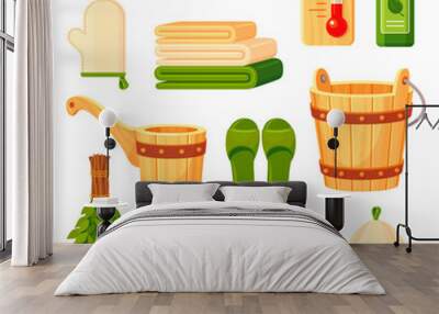 Bath and sauna accessories flat vector illustrations set Wall mural