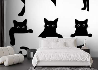 black cat peeking out of corner set vector flat illustration funny looking feline with mustache Wall mural