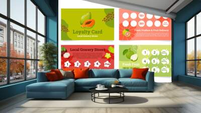 Collection fruit delivery service loyalty card template design vector local grocery store Wall mural