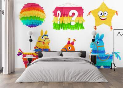 collection mexican pinatas for birthday party isometric vector traditional mexico decoration Wall mural