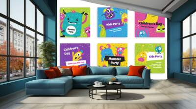 Collection monster party childish multicolored poster decorative design with place for text vector Wall mural