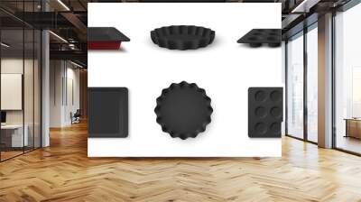 Collection of baking dish front and top view vector illustration. Aluminium kitchenware for cooking Wall mural