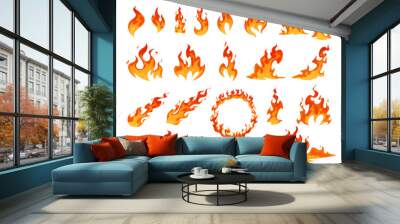 Collection of red and orange cartoon fire flame vector. Flammable fireball, circle, inferno light Wall mural