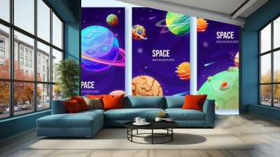 Collection space posters with 3d planets, comets and stars vector vertical background galaxy Wall mural